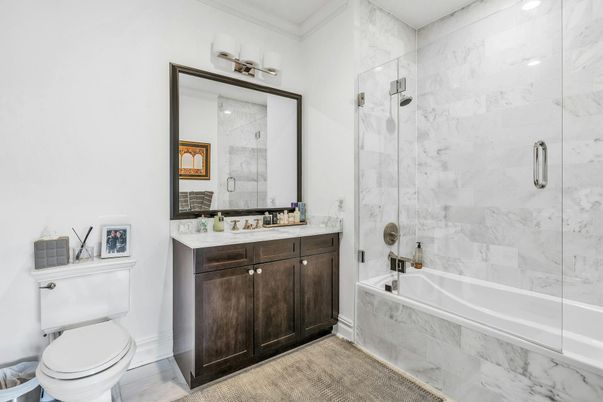 Bathroom, Glass Shower, Interior, Marble Walls, Recessed Lighting