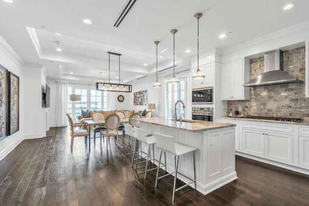 Dining room, Interior, Kitchen, Pendant Lights, Recessed Lighting, Stainless Steel Appliances, Wood Texture Flooring