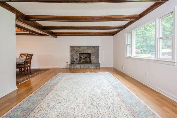 Dining room, Fireplace, Interior, Wooden Beams, Wood Texture Flooring