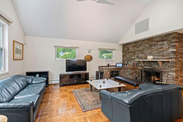 Fireplace, Interior, Living room, Stone Walls, Wood Texture Flooring