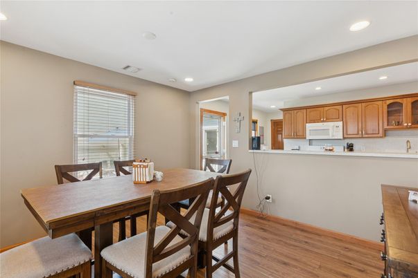 Dining room, Interior, Kitchen, Recessed Lighting, Wood Texture Flooring
