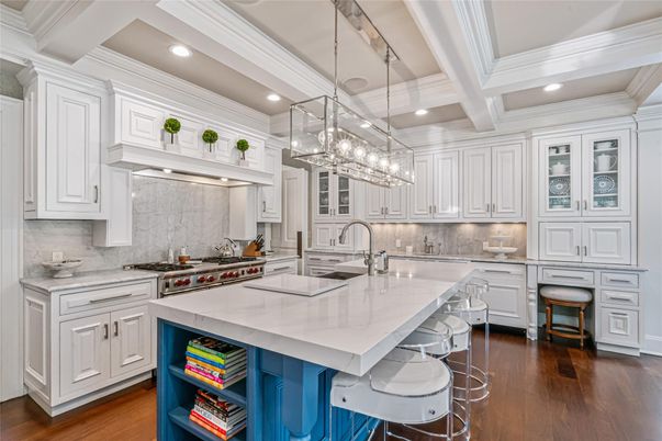 Chandelier, Interior, Kitchen, Pendant Lights, Recessed Lighting, Stainless Steel Appliances, Wood Texture Flooring