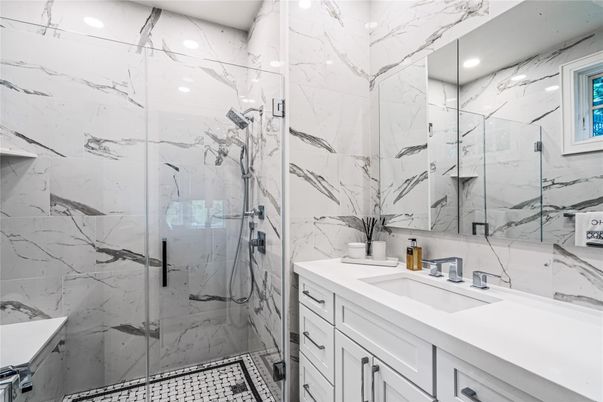 Bathroom, Glass Shower, Interior, Marble Walls, Recessed Lighting