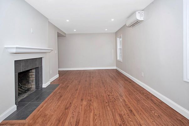 Empty room, Fireplace, Interior, Recessed Lighting, Wood Texture Flooring