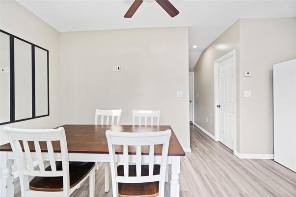 Dining room, Interior, Recessed Lighting, Wood Texture Flooring