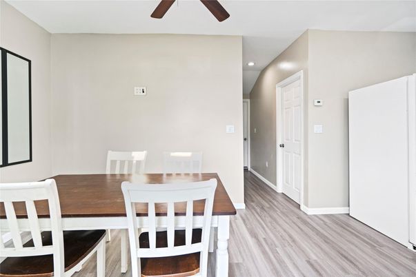 Dining room, Interior, Recessed Lighting, Wood Texture Flooring