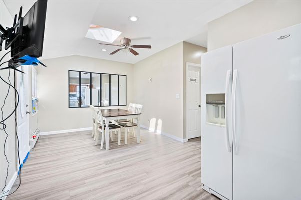 Dining room, Interior, Kitchen, Recessed Lighting, Wood Texture Flooring