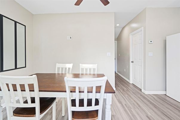 Dining room, Interior, Recessed Lighting, Wood Texture Flooring