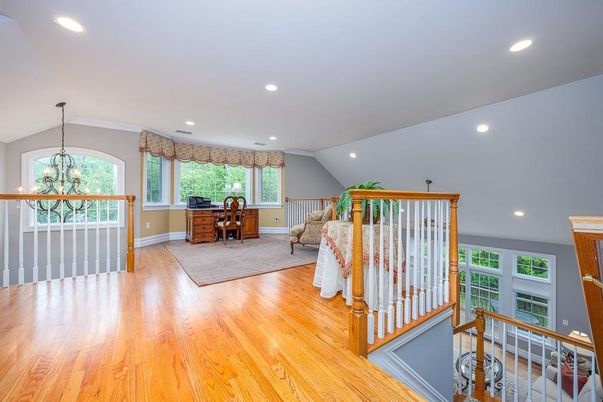 Chandelier, Home Office, Interior, Recessed Lighting, Wood Texture Flooring