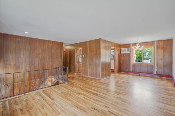 Chandelier, Empty room, Interior, Recessed Lighting, Wood Texture Flooring, Wooden Walls