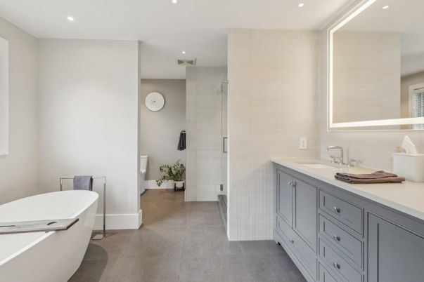 Bathroom, Dual Sink Vanities, Glass Shower, Interior, Recessed Lighting