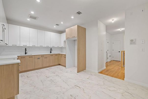 Interior, Kitchen, Marble, Recessed Lighting, Wood Texture Flooring