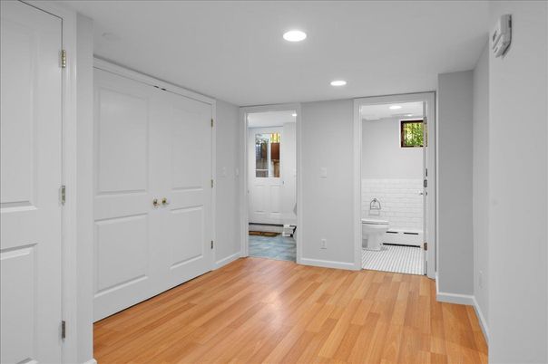 Bathroom, Empty room, Interior, Recessed Lighting, Wood Texture Flooring