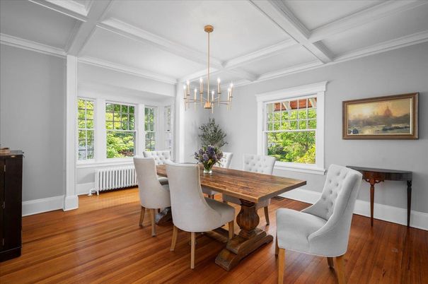 Dining room, Interior, Pendant Lights, Wood Texture Flooring