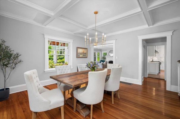 Dining room, Interior, Pendant Lights, Wood Texture Flooring