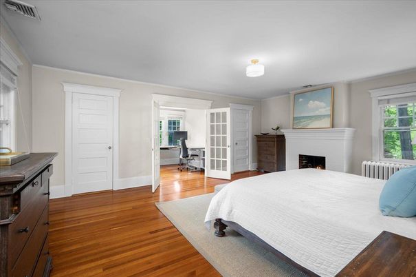 Bedroom, Fireplace, Interior, Wood Texture Flooring