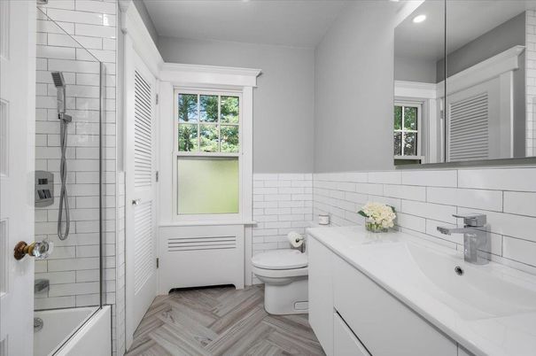 Bathroom, Glass Shower, Interior, Recessed Lighting, Wood Texture Flooring