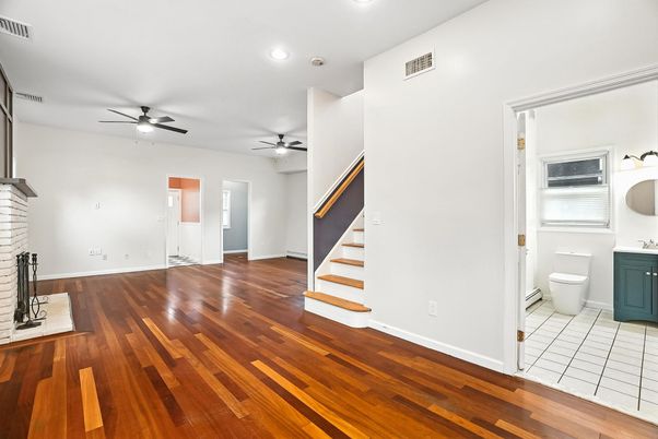 Bathroom, Empty room, Interior, Recessed Lighting, Wood Texture Flooring