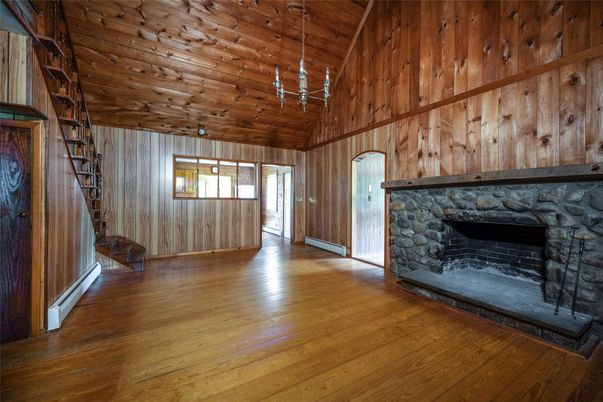 Fireplace, Interior, Pendant Lights, Wooden Ceilings, Wood Texture Flooring, Wooden Walls