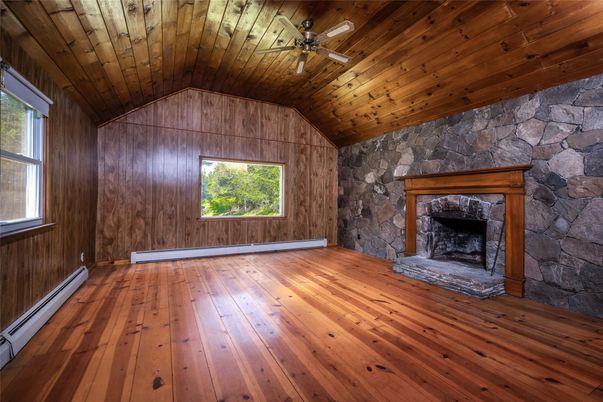 Empty room, Fireplace, Interior, Stone Walls, Wooden Ceilings, Wood Texture Flooring, Wooden Walls