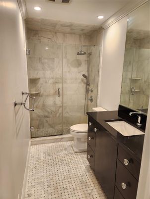 Bathroom, Glass Shower, Interior, Marble Walls, Recessed Lighting