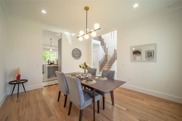 Dining room, Interior, Pendant Lights, Recessed Lighting, Wood Texture Flooring