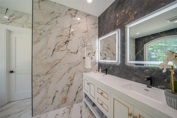 Bathroom, Dual Sink Vanities, Interior, Marble, Marble Walls, Recessed Lighting