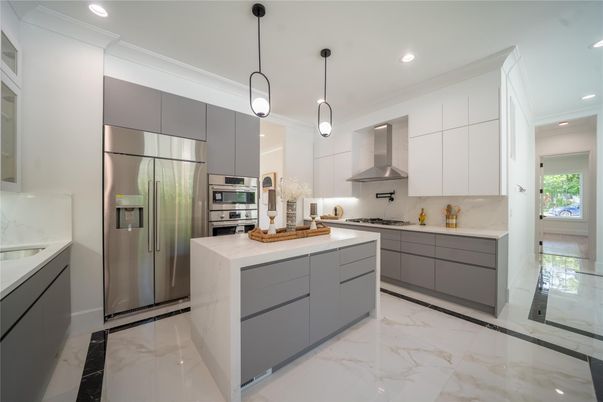 Interior, Kitchen, Marble, Pendant Lights, Recessed Lighting, Stainless Steel Appliances