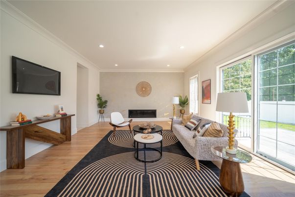 Fireplace, Interior, Living room, Recessed Lighting, Wood Texture Flooring