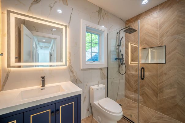 Bathroom, Glass Shower, Interior, Marble Walls, Recessed Lighting