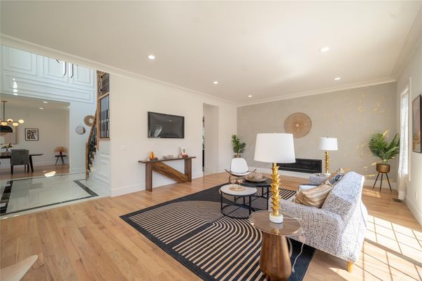 Dining room, Interior, Living room, Recessed Lighting, Wood Texture Flooring