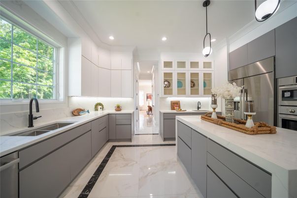 Interior, Kitchen, Marble, Pendant Lights, Recessed Lighting, Stainless Steel Appliances