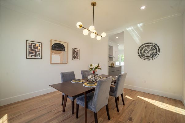Dining room, Interior, Pendant Lights, Recessed Lighting, Wood Texture Flooring