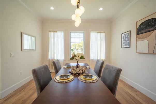 Dining room, Interior, Pendant Lights, Recessed Lighting, Wood Texture Flooring