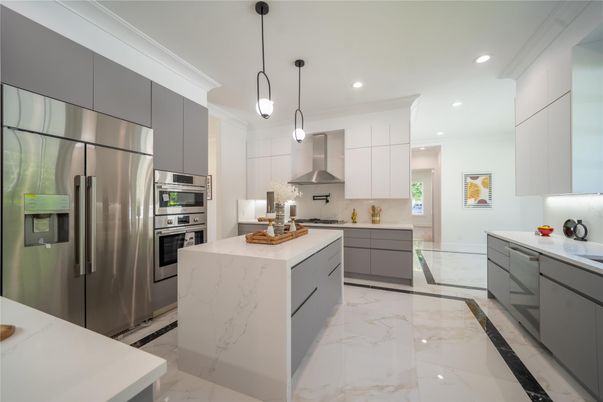 Interior, Kitchen, Marble, Pendant Lights, Recessed Lighting, Stainless Steel Appliances