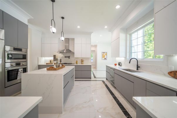 Interior, Kitchen, Marble, Pendant Lights, Recessed Lighting, Stainless Steel Appliances