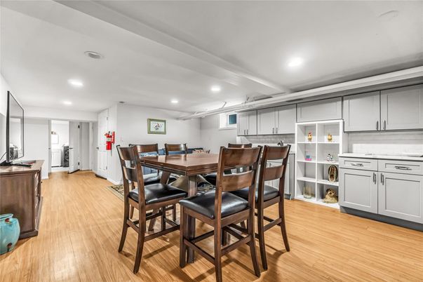 Dining room, Interior, Kitchen, Recessed Lighting, Wood Texture Flooring