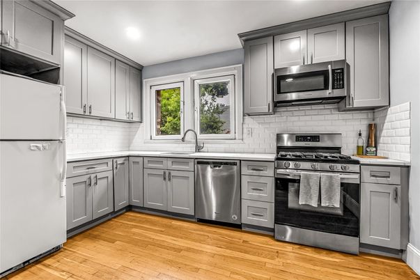 Interior, Kitchen, Recessed Lighting, Stainless Steel Appliances, Wood Texture Flooring