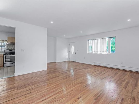 Empty room, Interior, Kitchen, Recessed Lighting, Stainless Steel Appliances, Wood Texture Flooring
