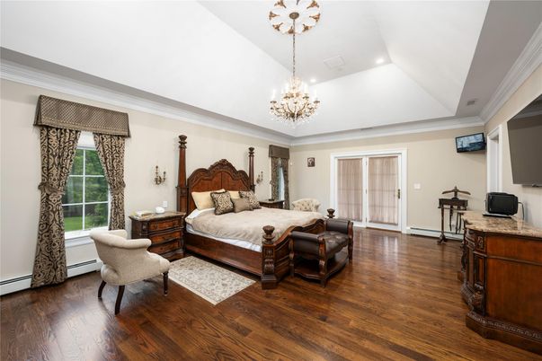 Bedroom, Chandelier, Interior, Recessed Lighting, Wood Texture Flooring