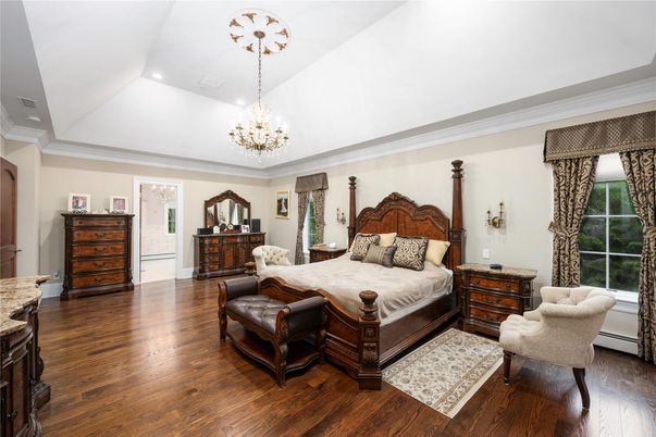 Bedroom, Chandelier, Interior, Recessed Lighting, Wood Texture Flooring