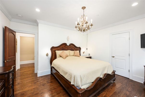 Bedroom, Chandelier, Interior, Recessed Lighting, Wood Texture Flooring