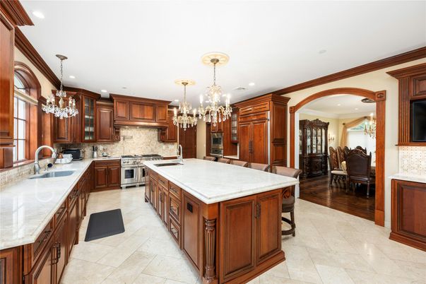 Chandelier, Interior, Kitchen, Recessed Lighting, Stainless Steel Appliances, Wood Texture Flooring
