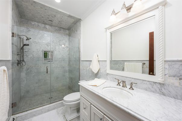 Bathroom, Glass Shower, Interior, Marble, Marble Walls, Recessed Lighting