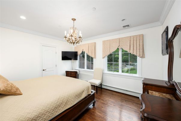 Bedroom, Chandelier, Interior, Recessed Lighting, Wood Texture Flooring