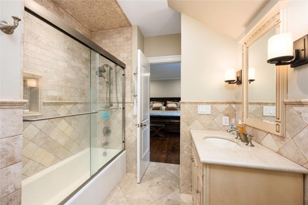 Bathroom, Glass Shower, Interior, Stone Walls, Wood Texture Flooring