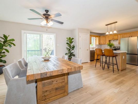 Dining room, Interior, Kitchen, Pendant Lights, Stainless Steel Appliances, Wood Texture Flooring