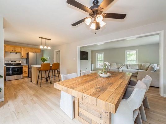 Dining room, Interior, Kitchen, Living room, Pendant Lights, Stainless Steel Appliances, Wood Texture Flooring