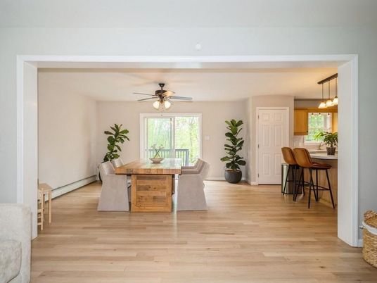 Dining room, Interior, Pendant Lights, Wood Texture Flooring