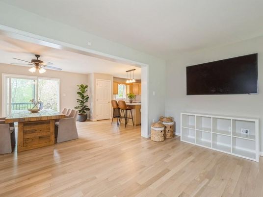 Dining room, Interior, Kitchen, Pendant Lights, Wood Texture Flooring